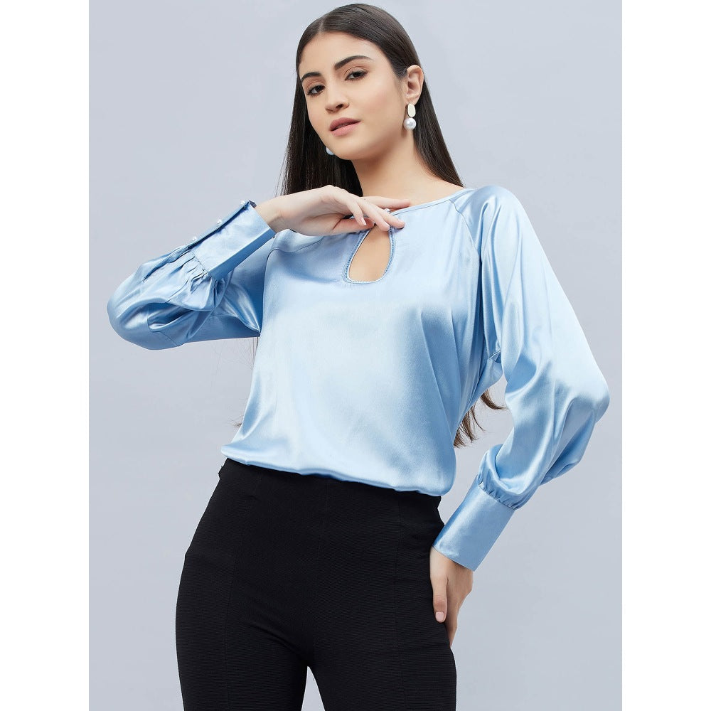 First Resort by Ramola Bachchan Sky Blue Keyhole Solid Satin Shirt