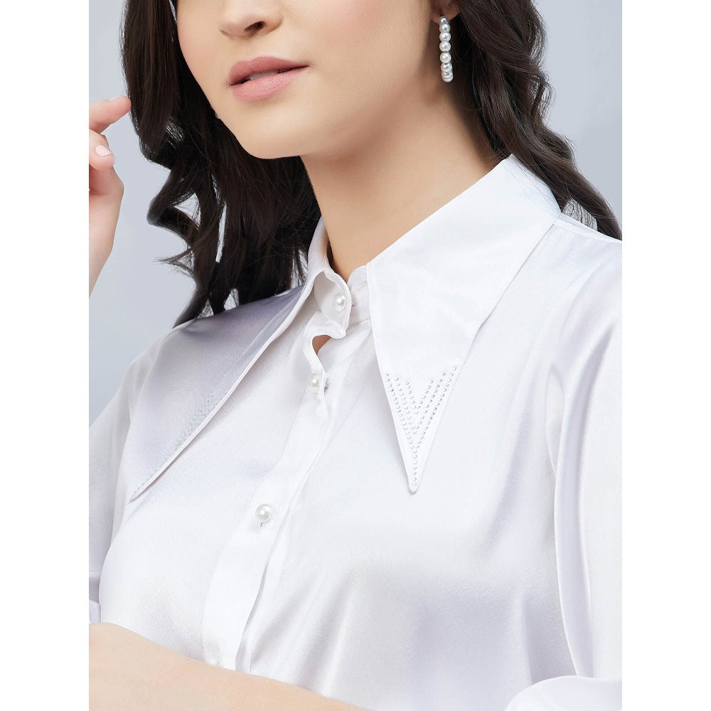 First Resort by Ramola Bachchan White Long Collar Embellished Satin Shirt