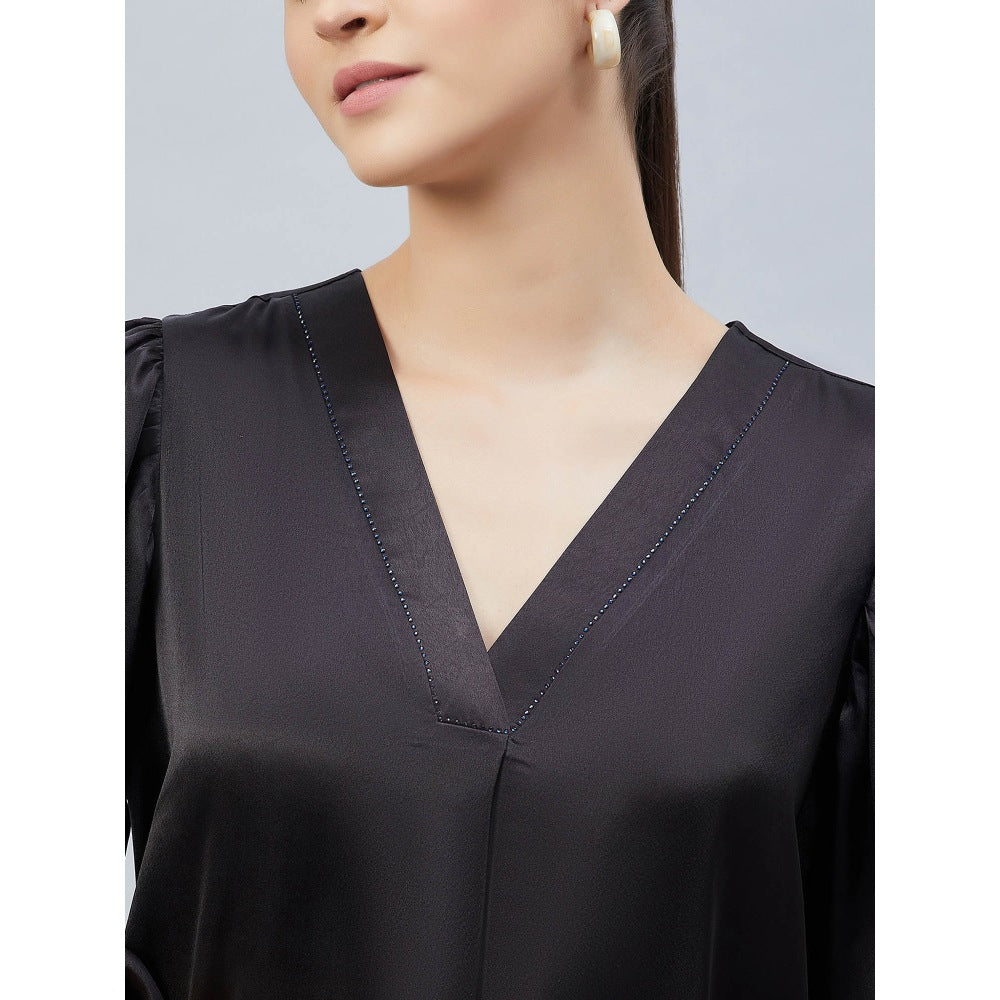 First Resort by Ramola Bachchan Black V-Neck Embellished Satin Shirt