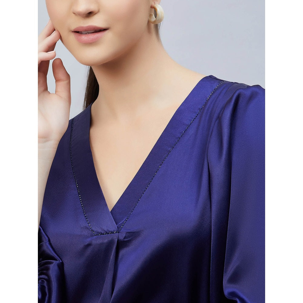 First Resort by Ramola Bachchan Navy Blue V-Neck Embellished Satin Shirt
