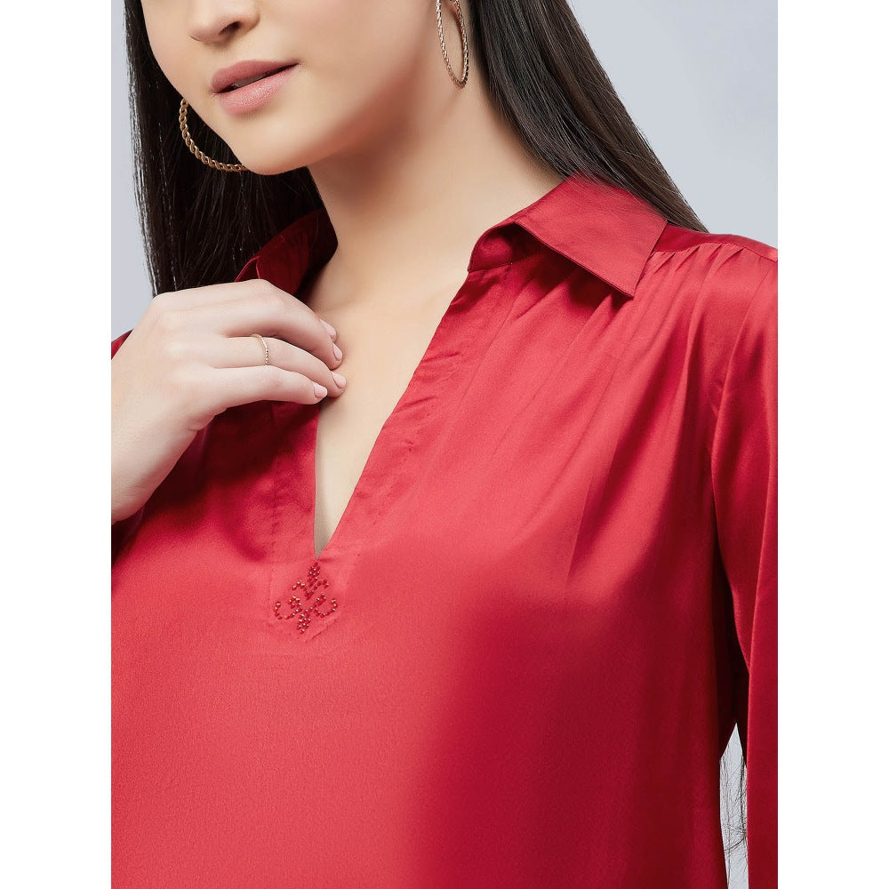 First Resort by Ramola Bachchan Red V-Neck Gathered Embellished Satin Shirt