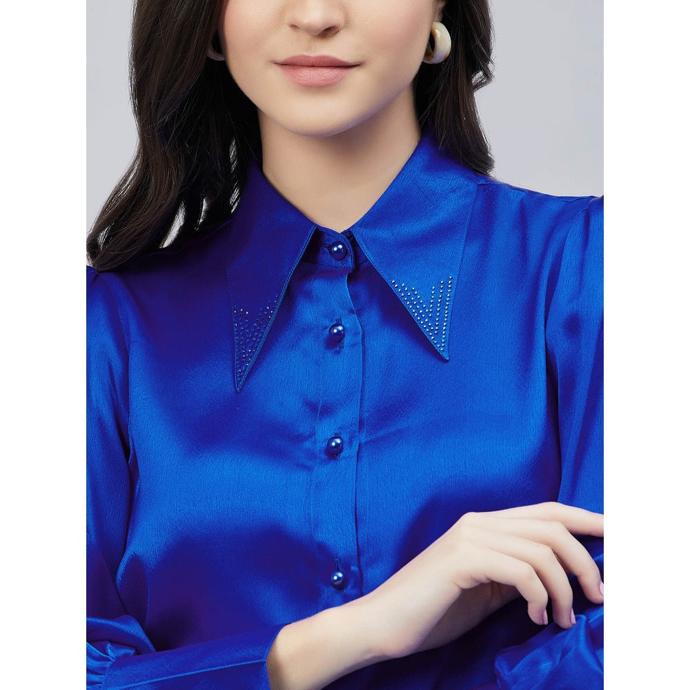 First Resort by Ramola Bachchan Cobalt Blue Shirt Collar Embellished Satin Shirt