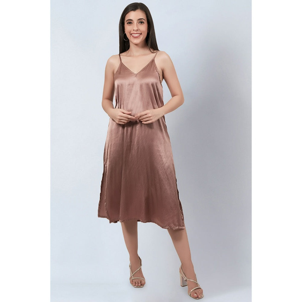 First Resort by Ramola Bachchan Brown A-Line Dress with Bead Lace Detail with Slip (Set of 2)