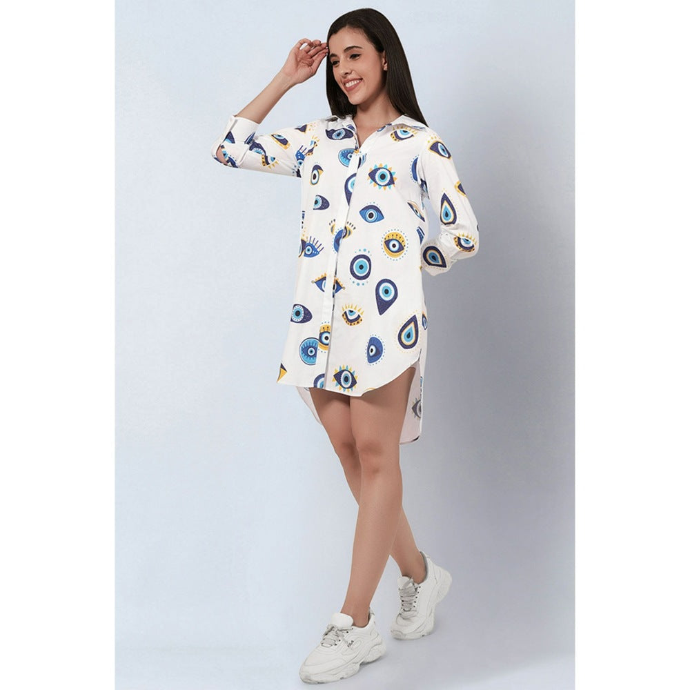 First Resort by Ramola Bachchan White and Blue Evil Eye Print Shirt Dress