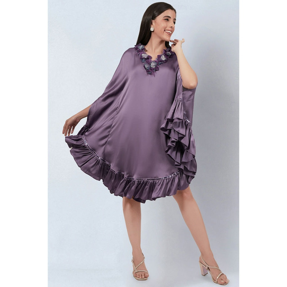 First Resort by Ramola Bachchan Purple Ruffle Dress with Floral Lace Detail