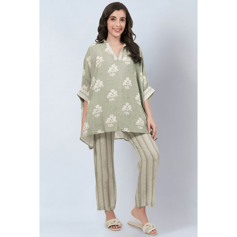 First Resort by Ramola Bachchan Sage Green and Ecru Floral Combination Print Co-Ord (Set of 2)