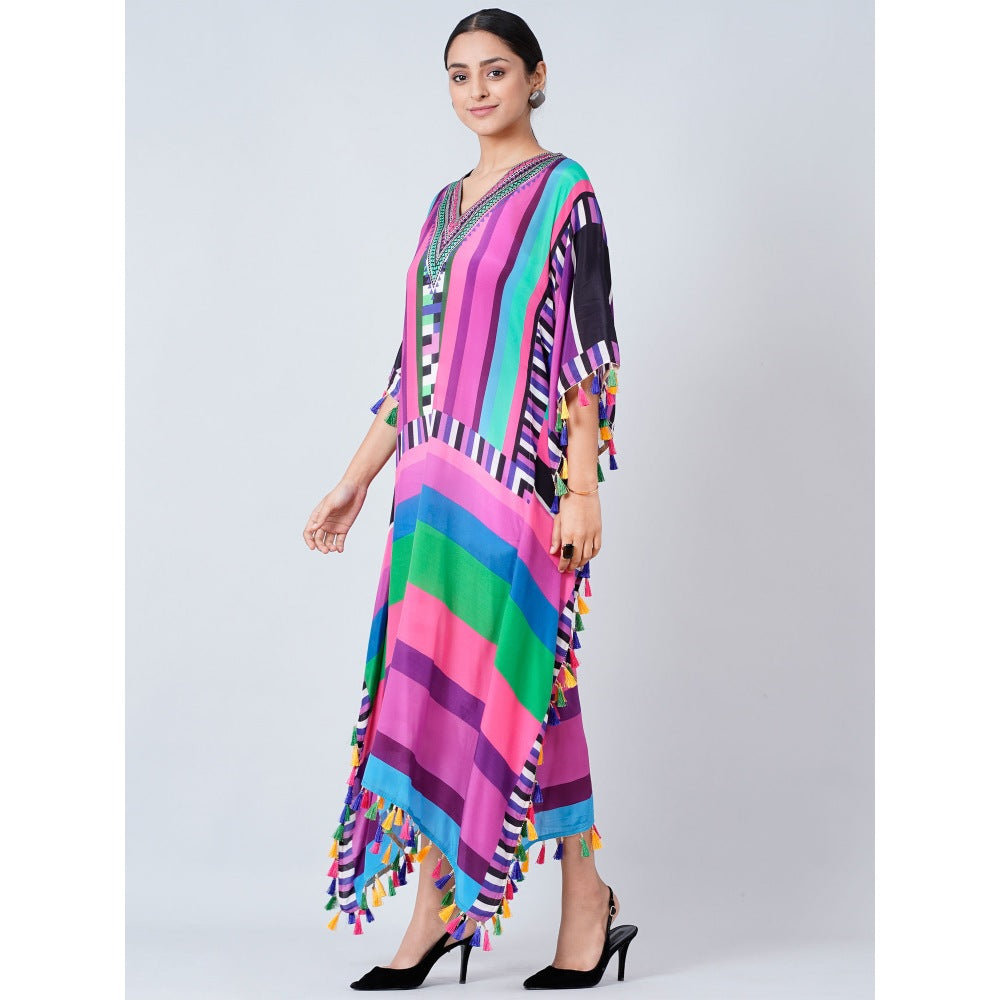 First Resort by Ramola Bachchan Purple And Green Geometric Mid Length Kaftan