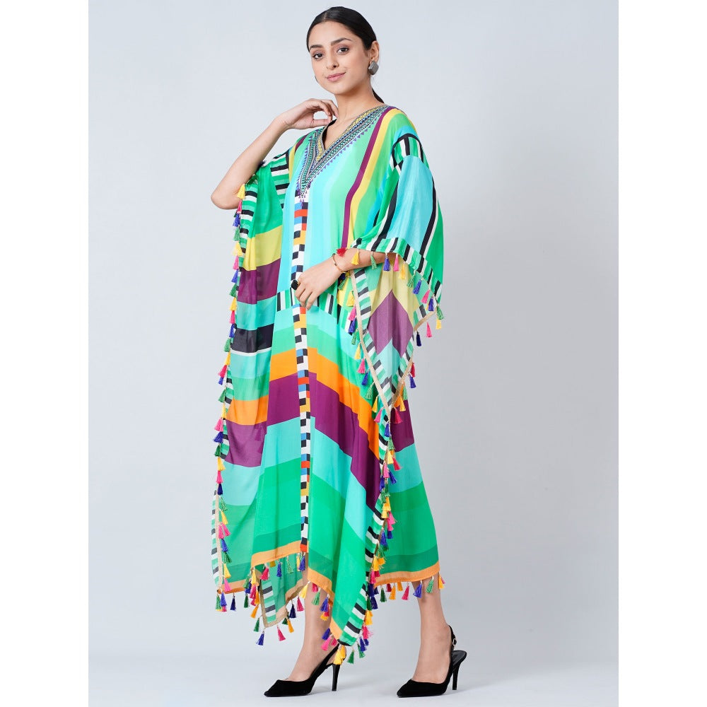 First Resort by Ramola Bachchan Blue And Green Geometric Mid Length Kaftan