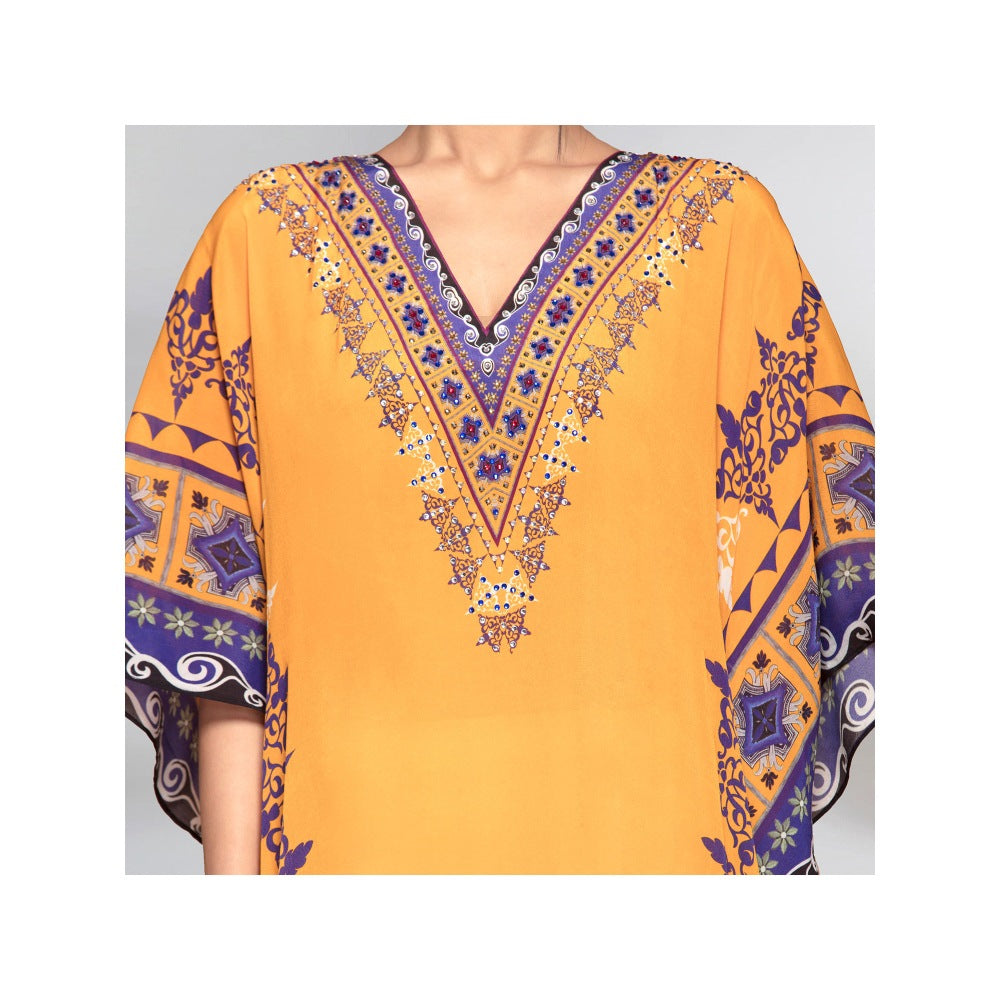 First Resort by Ramola Bachchan Yellow Mexican Print Embellished Full Length Kaftan