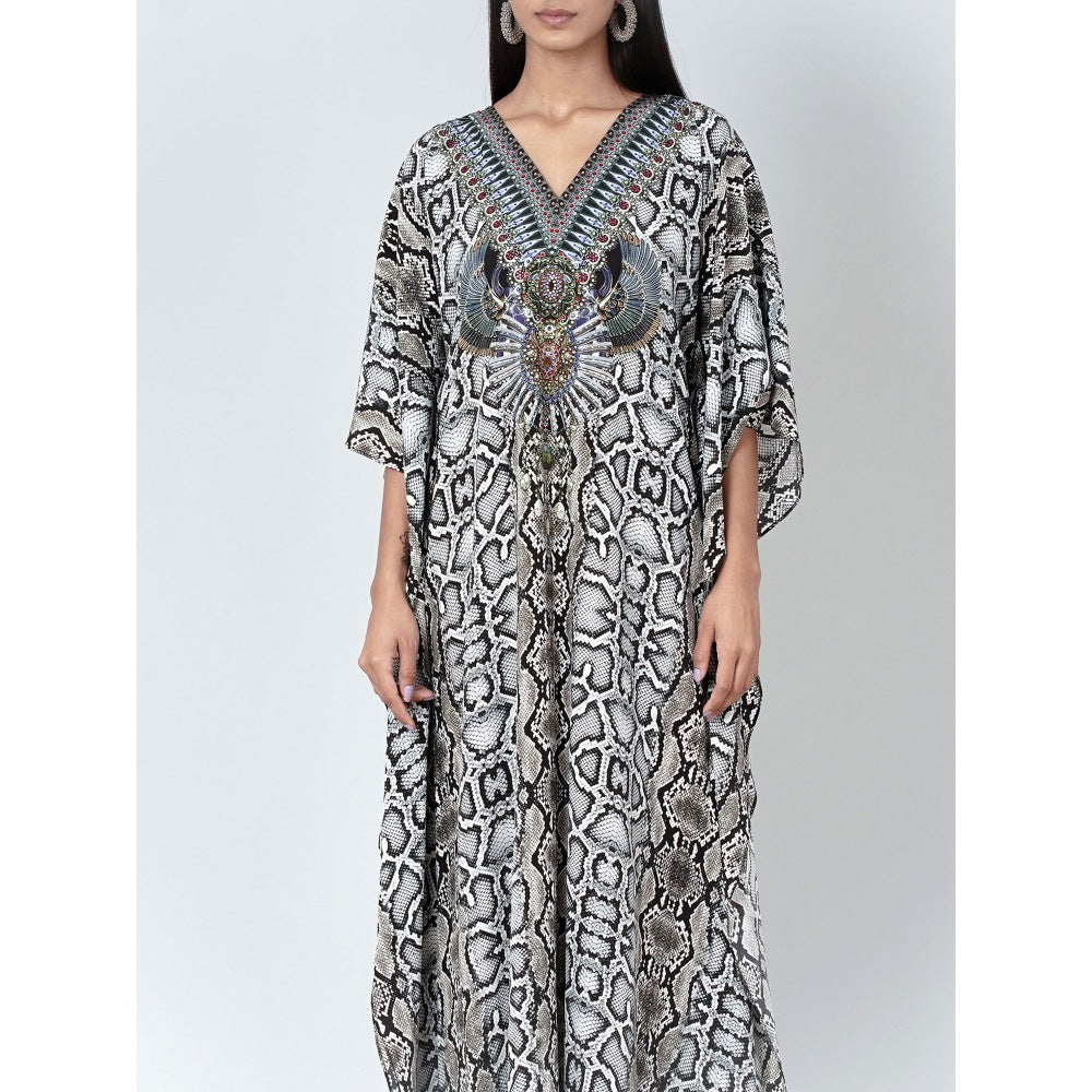 First Resort by Ramola Bachchan Beige Animal Print Embellished Silk Full Length Kaftan
