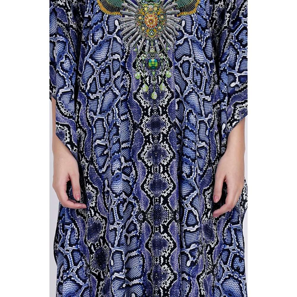 First Resort by Ramola Bachchan Blue Animal Print Embellished Silk Full Length Kaftan