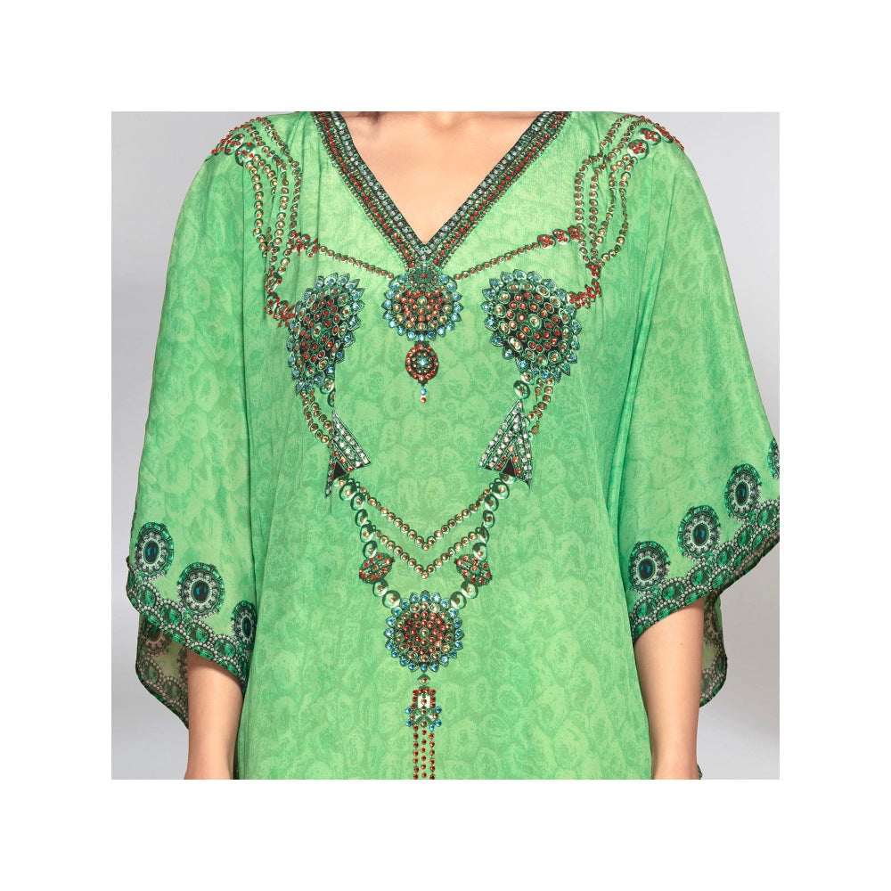 First Resort by Ramola Bachchan Parrot Green Pearl Full Length Kaftan
