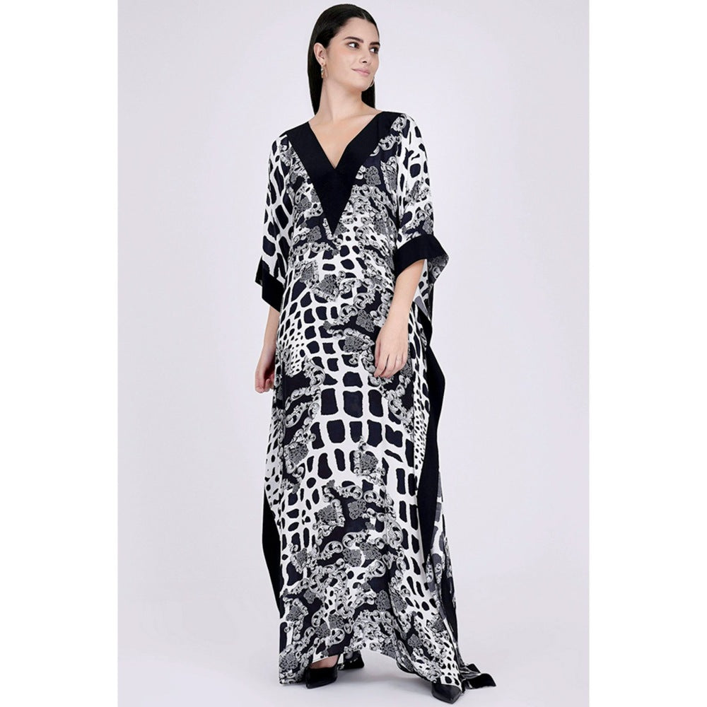 First Resort by Ramola Bachchan Black And White Baroque Full Length Kaftan