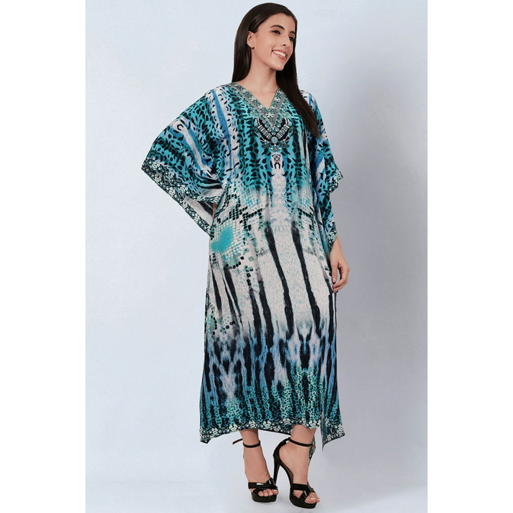 First Resort by Ramola Bachchan Blue & Black Animal Print Embellished Silk Full Length Kaftan