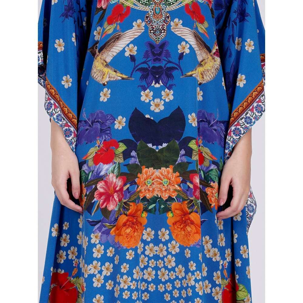 First Resort by Ramola Bachchan Blue & Orange Floral Print Embellished Silk Full Length Kaftan