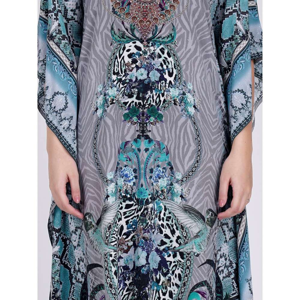 First Resort by Ramola Bachchan Grey And Blue Embellished Silk Full Length Kaftan