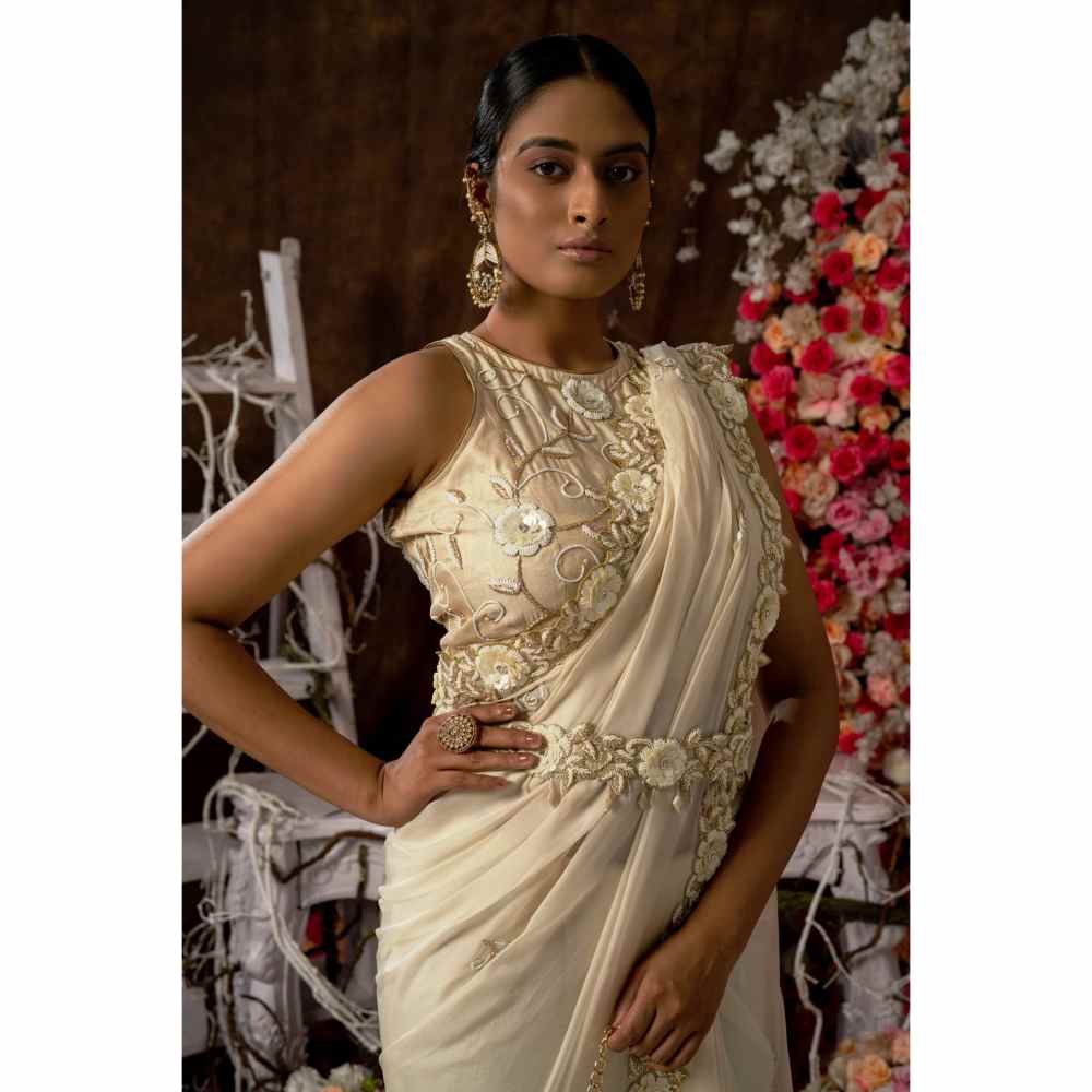 Farha Syed Ivory Champagne Hand Embroidered Saree with Semi-Stitched Blouse