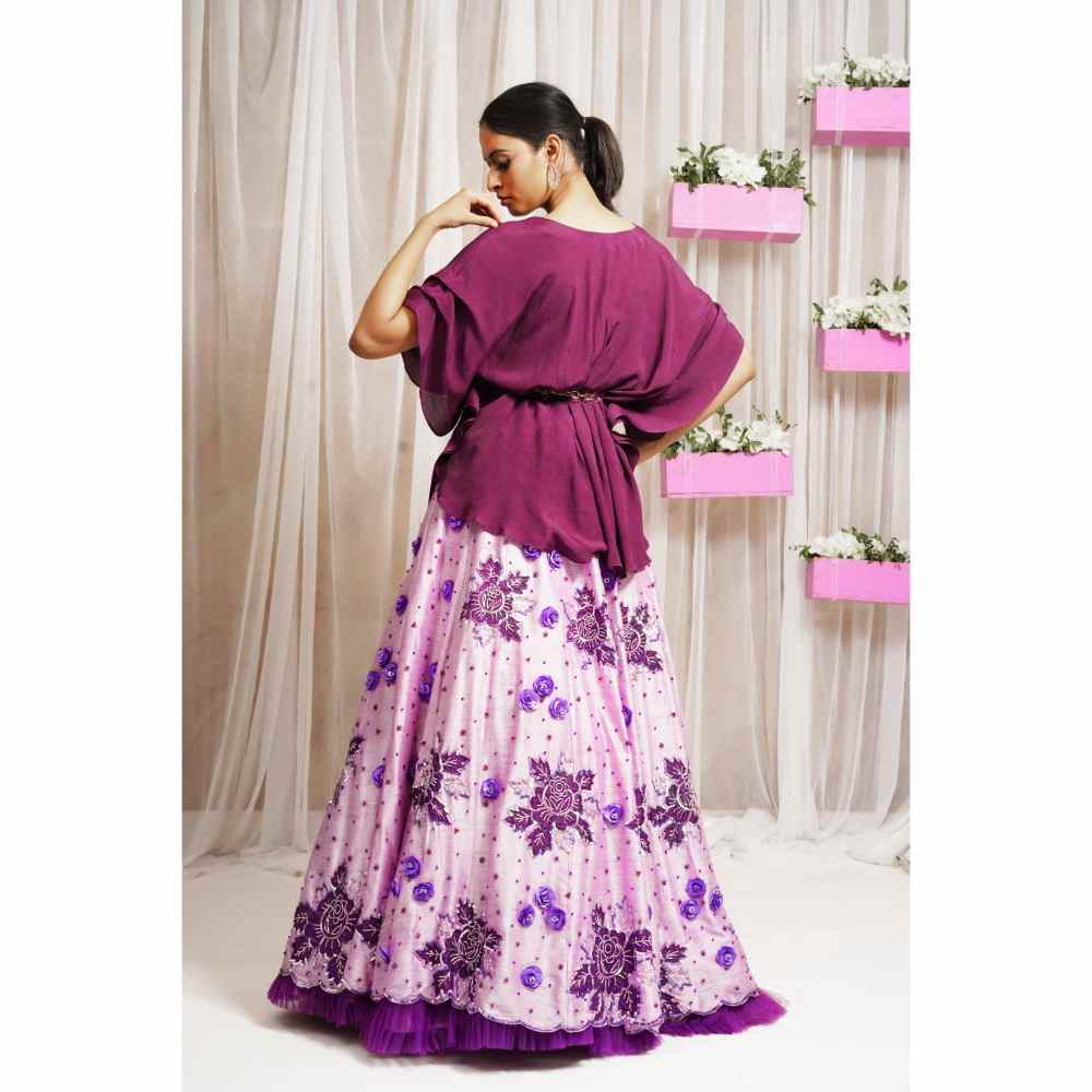 Farha Syed Periwinkle Hand Embroidered Skirt Lehenga with Kaftan Top (Set of 3)