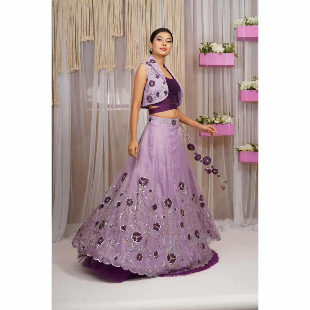 Farha Syed Periwinkle Hand Embroidered Lehenga with Blouse & Jacket (Set of 3)