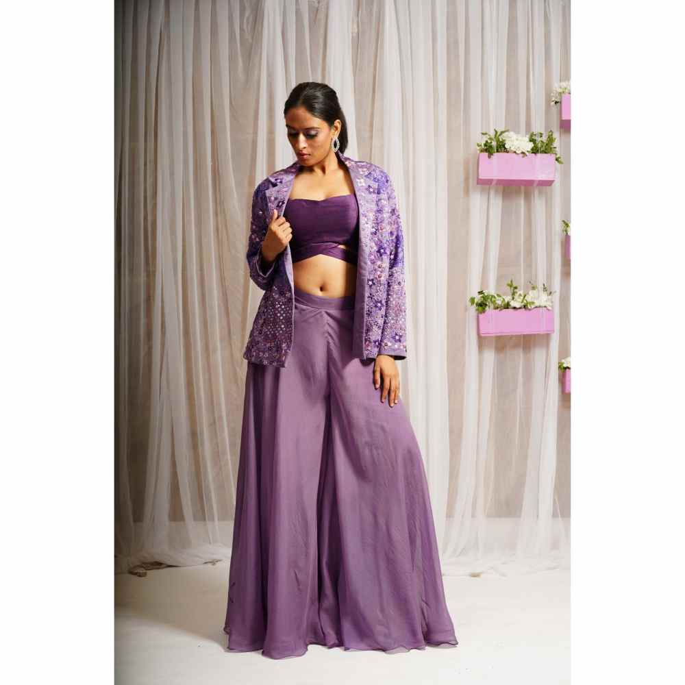 Farha Syed Royal Purple Hand Embroidered Palazzo with Blazer (Set of 3)
