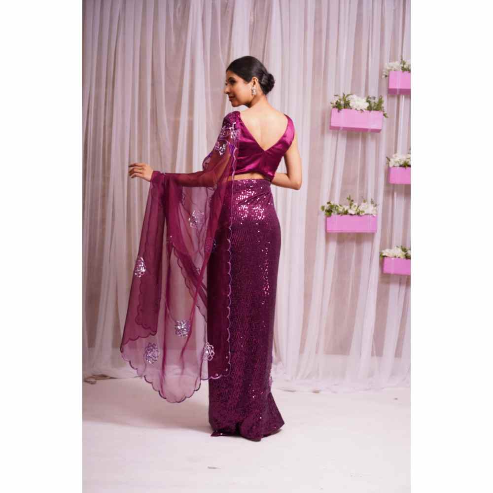 Farha Syed Red Plum Hand Embellished & Saree with Stitched Blouse