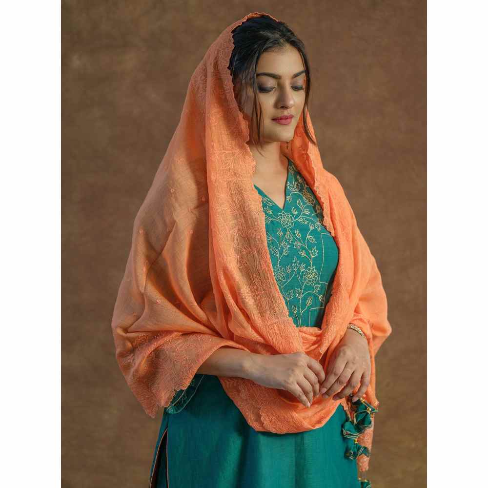 Farha Syed Teal Embroidered Kurta with Flared Sharara & Dupatta (Set of 3)