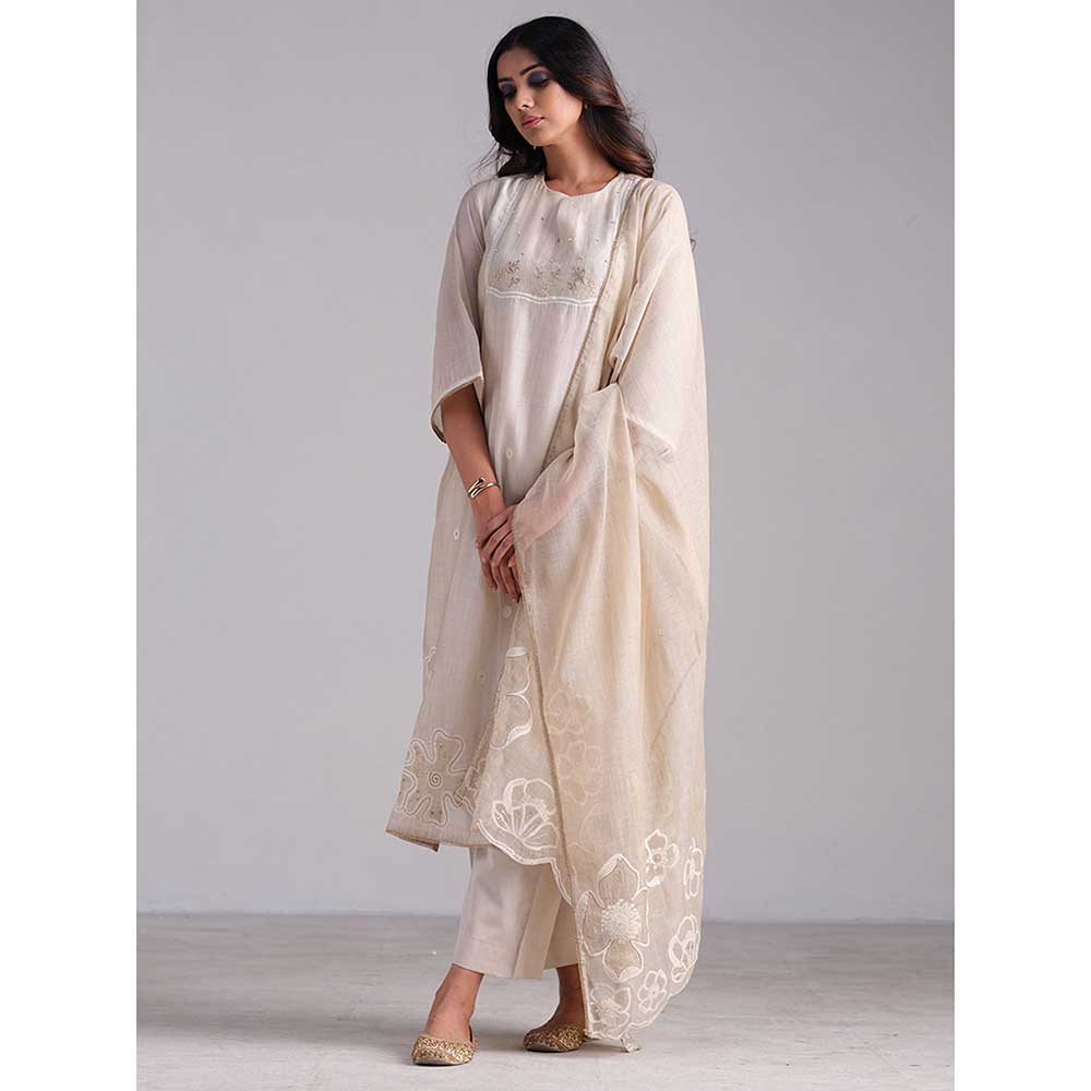 Women Cotton Jacquard Beige Woven Kurta Comfort Pant Dupatta