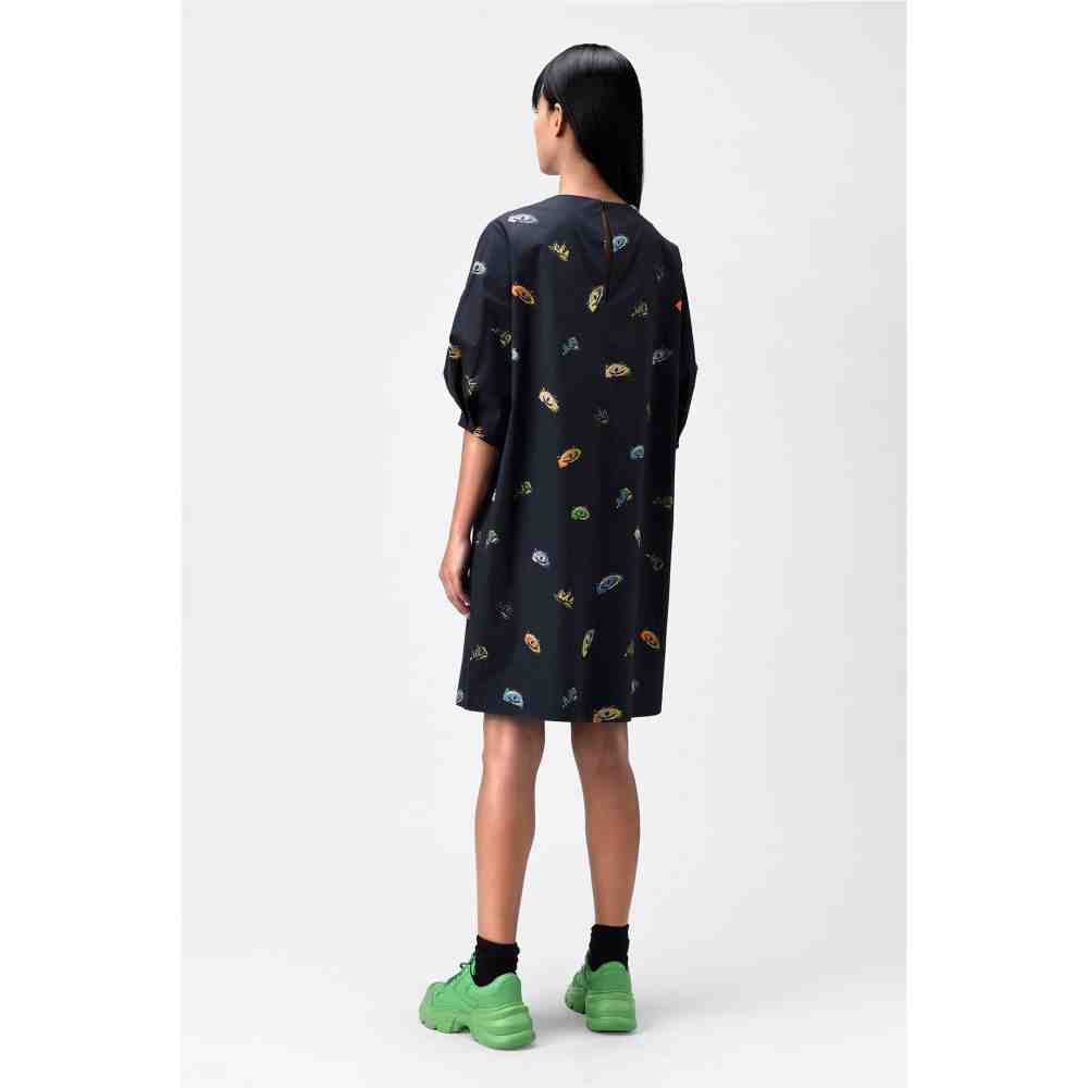 Genes Lecoanet Hemant Black Printed Dress with Detachable Sling Bag