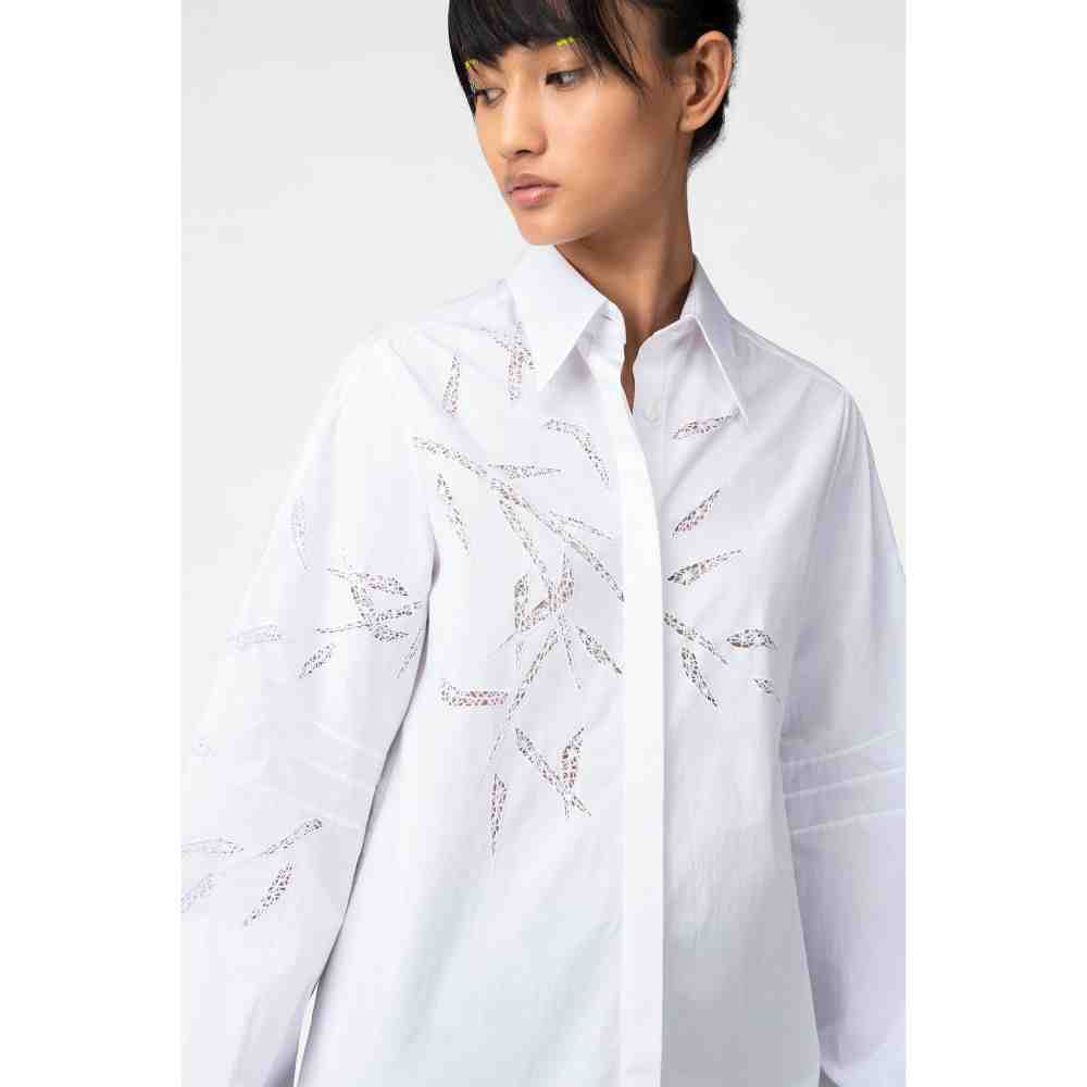Genes Lecoanet Hemant White Pleated Shirt with Cutwork Embroidery
