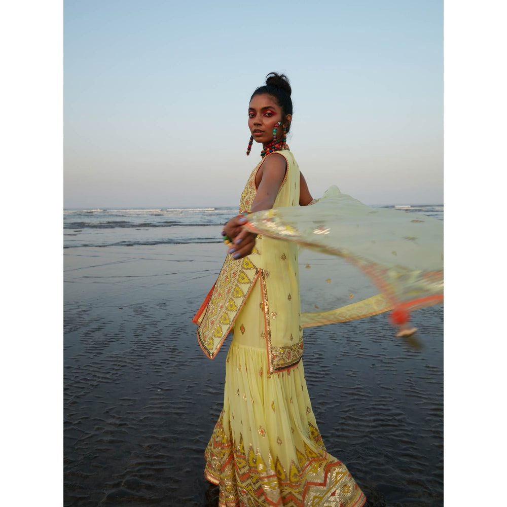 Gopi Vaid Yellow Farah Sleeveless Sharara (Set of 3)