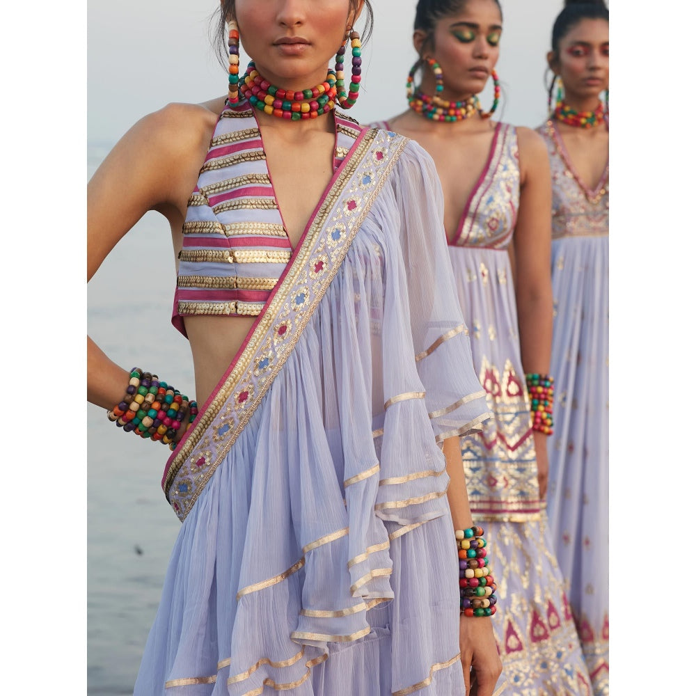 Gopi Vaid Lilac Idris Frill Saree with Stitched Blouse
