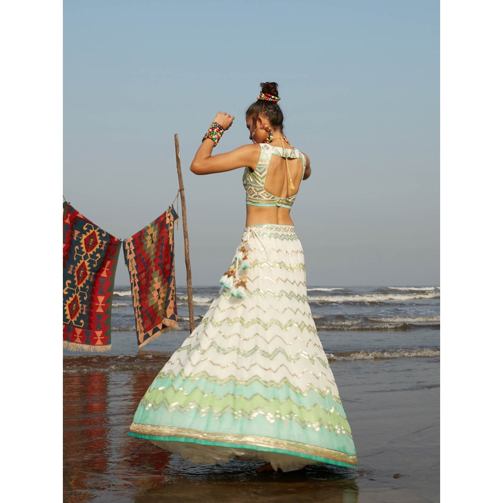 Gopi Vaid Ivory Sofia Zig-Zag Lehenga (Set of 3)