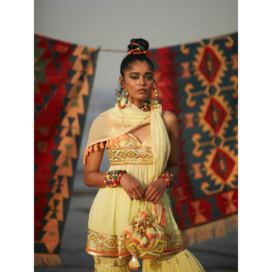 Gopi Vaid Yellow Nadia Peplum Sharara (Set of 3)