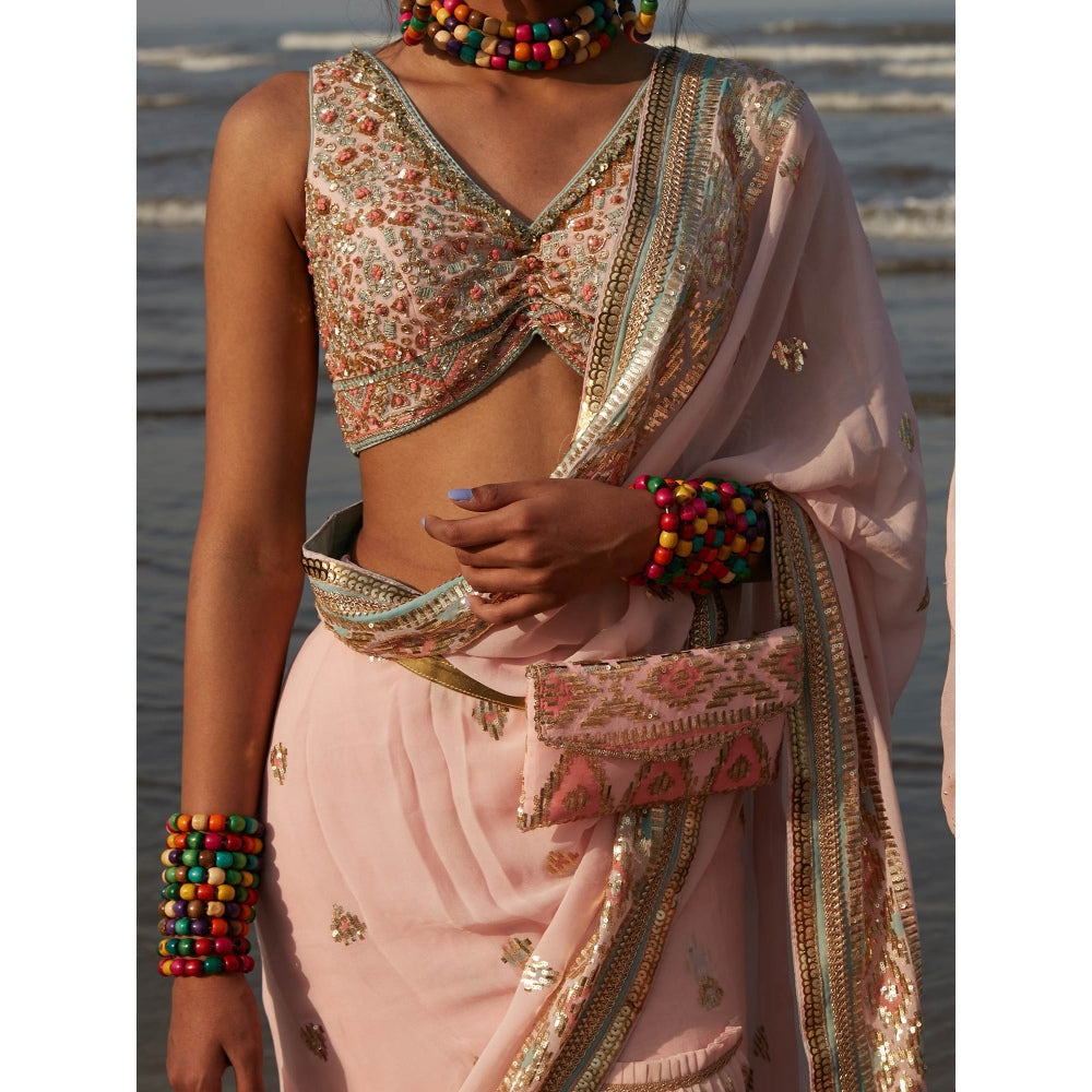Gopi Vaid Pink Fez Saree with Stitched Blouse