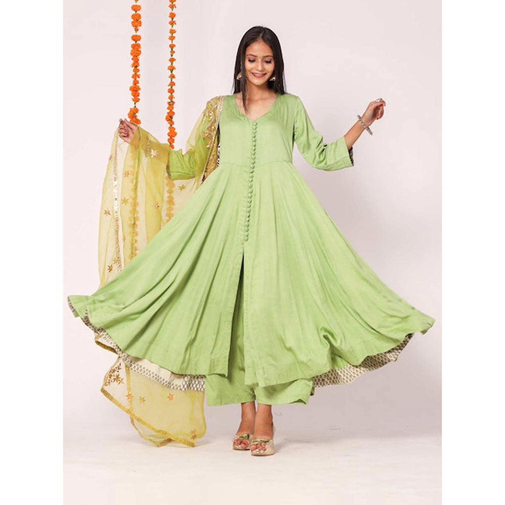Gulabo Jaipur Green Mudaal Kurta With Pant & Organza And Gottapatti Work Dupatta (Set of 3)