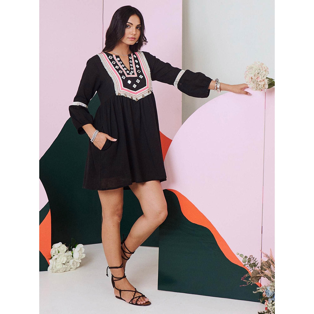 Gulaal Veronica Black Mirror Work Short Dress with Lace Detailing