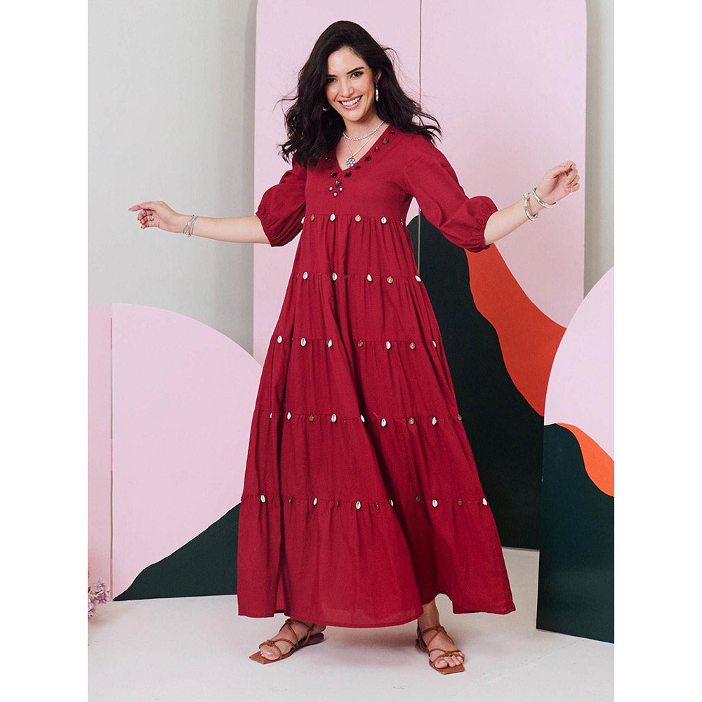 Gulaal Piku Maroon Mirror Embroidered Tier Maxi Dress
