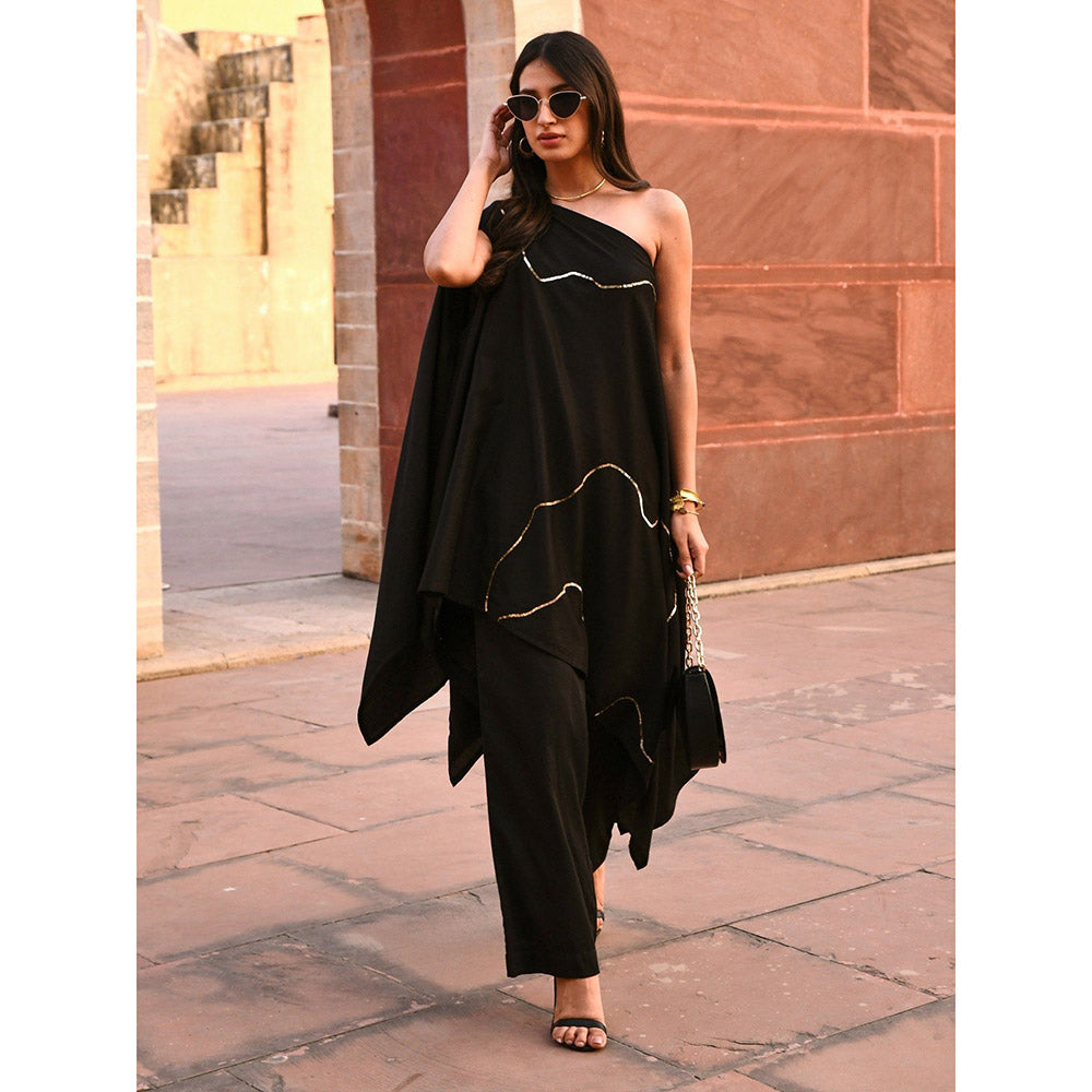 Gulaal Tiana Black One Shoulder Kaftan-Pant (Set of 2)