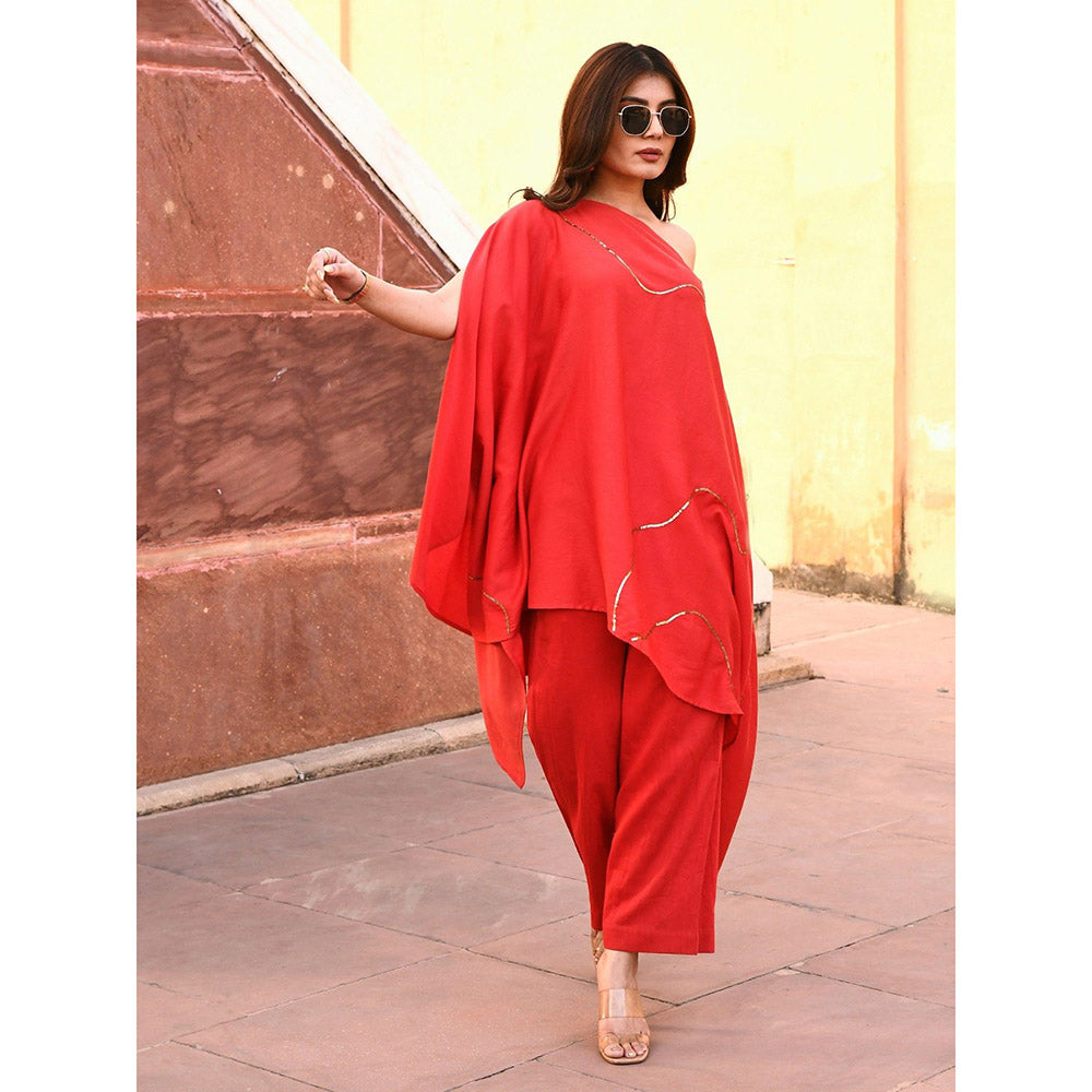 Gulaal Tiana Red One Shoulder Kaftan-Pant (Set of 2)