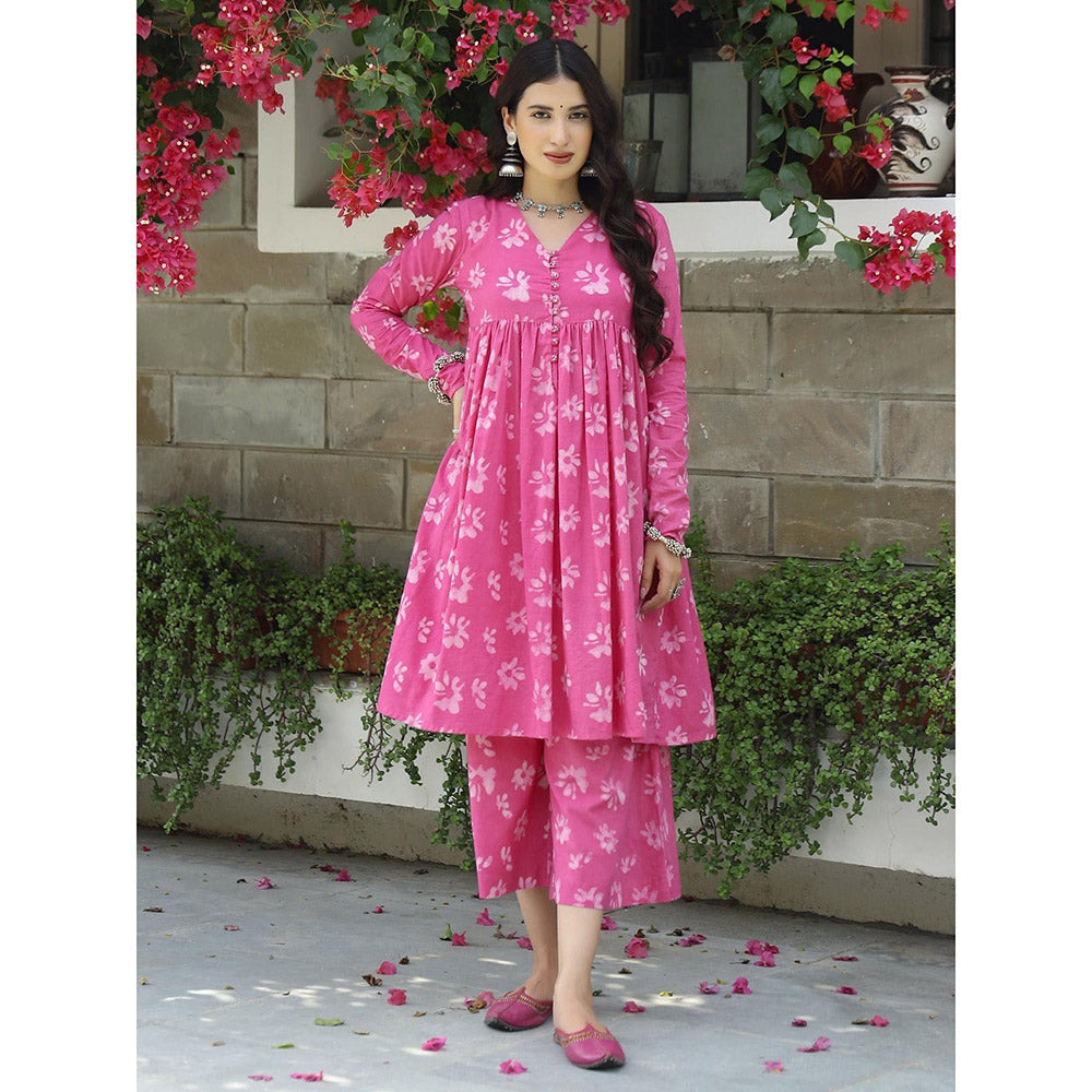 Gulaal Pink Floral Dabu Print Suit (Set of 2)