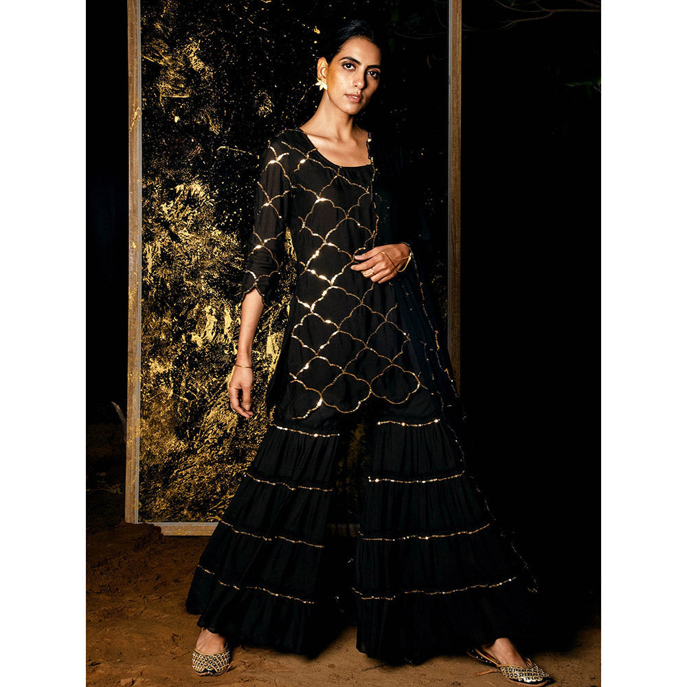 Gulaal Vrinda Sequin Kurta with Sharara & Dupatta Black (Set of 3)