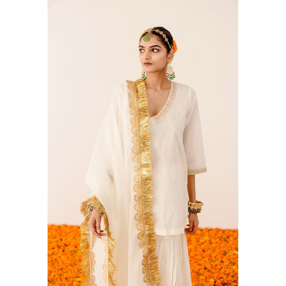 Gulabo Jaipur Kiran Off White Lace Kurta with Sharara and Dupatta (Set of 3)