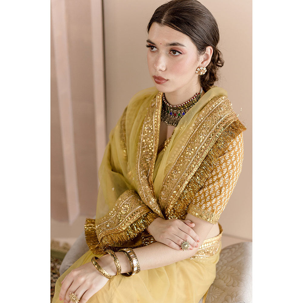Gulabo Jaipur Gulbahar Saree-Gold with Unstitched Blouse
