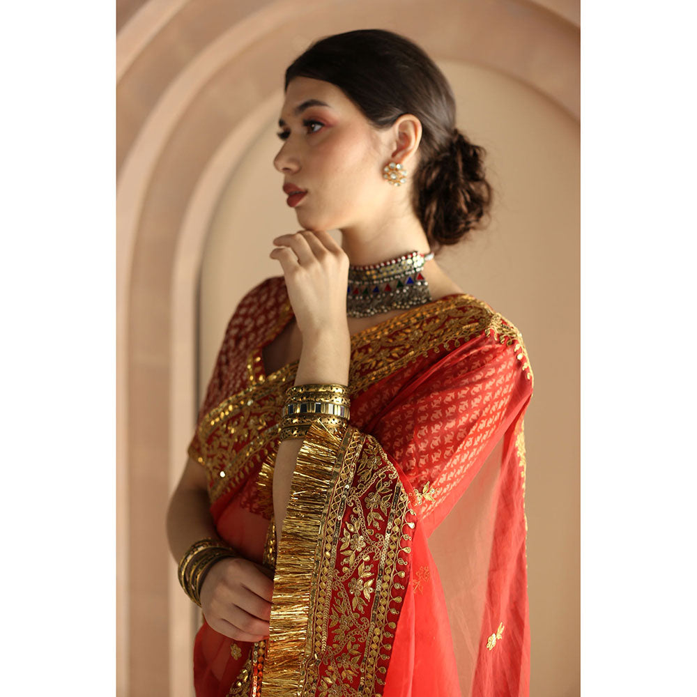 Gulabo Jaipur Gurez Saree-Red with Unstitched Blouse