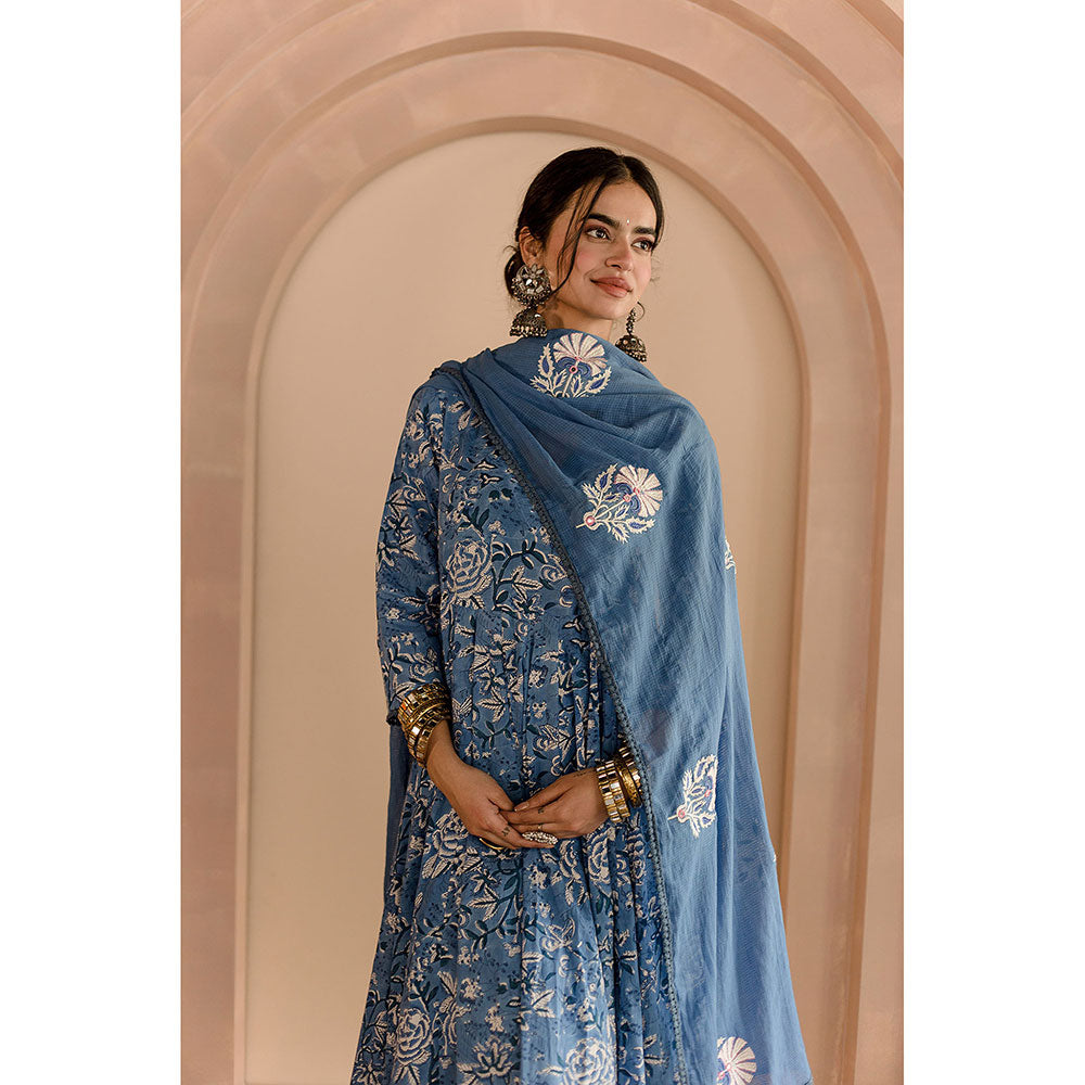 Gulabo Jaipur Shaila Anarkali-Pant with Dupatta-Blue (Set of 3)