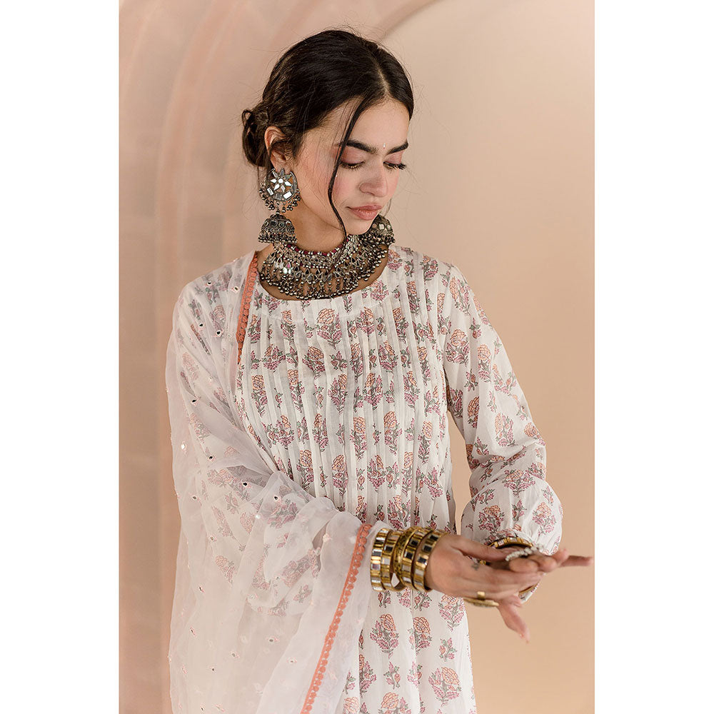 Gulabo Jaipur Shriya Anarkali-Pant with Dupatta-White (Set of 3)