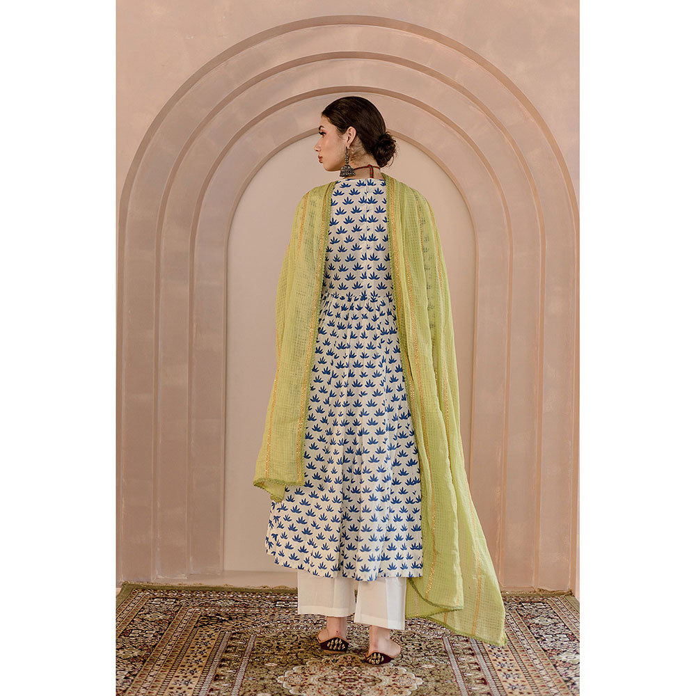Gulabo Jaipur Shubha Anarkali-Pant with Dupatta-White (Set of 3)