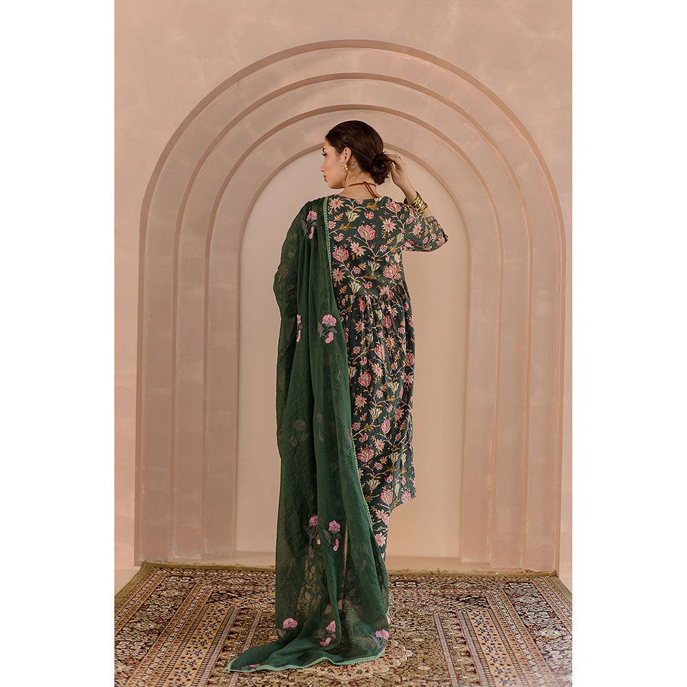Gulabo Jaipur Sparrow Anarkali-Pant with Dupatta-Green (Set of 3)
