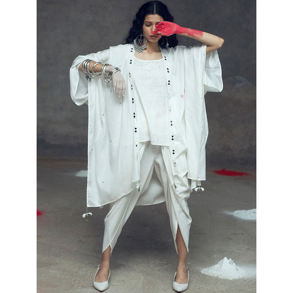 Gulaal Kamya White Top And Cowl Pant With Overlay (Set of 3)