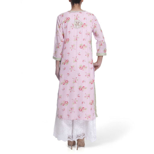 Gopi Vaid Printed Chanderi Cotton Baby Pink Straight Cut Kurta With Gotta Patti Work